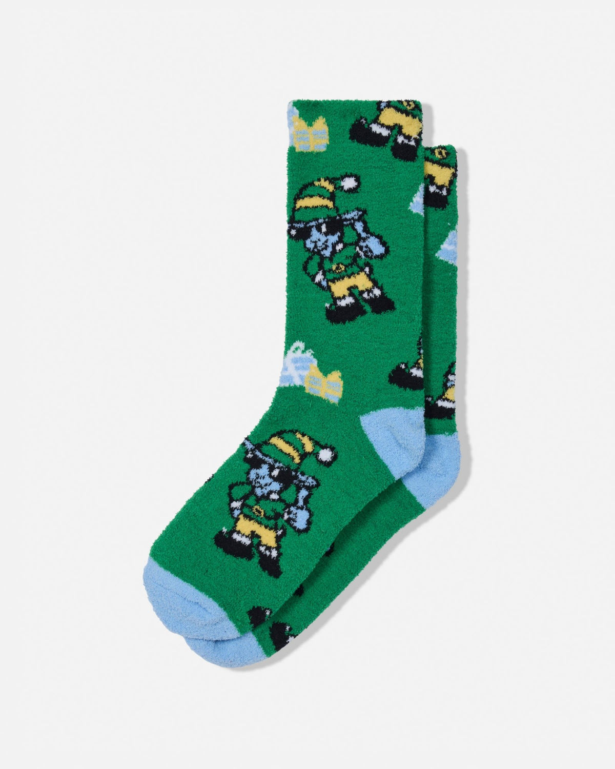 A pair of green crew socks featuring a pixel-art character pattern in yellow, blue, black, and white, with light blue heels and toes, displayed on a light gray background.
