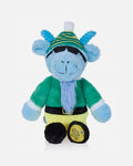 A blue cartoonish plush toy with a green and yellow striped hat, green outfit, yellow pants, and black boots, photographed against a plain light gray background.