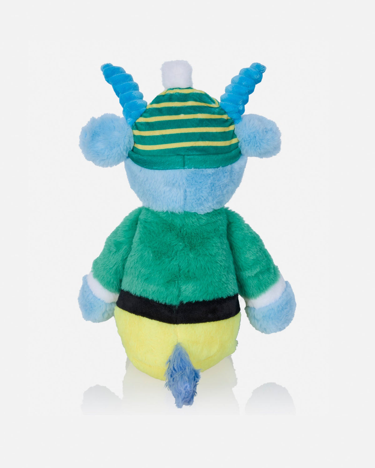 A plush toy figure shown from the back, featuring a blue body, a green and yellow striped hat, a green top, a black belt, and yellow pants, set against a light gray background.