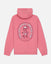 Salmon-colored hoodie with a graphic design on the back against a white background