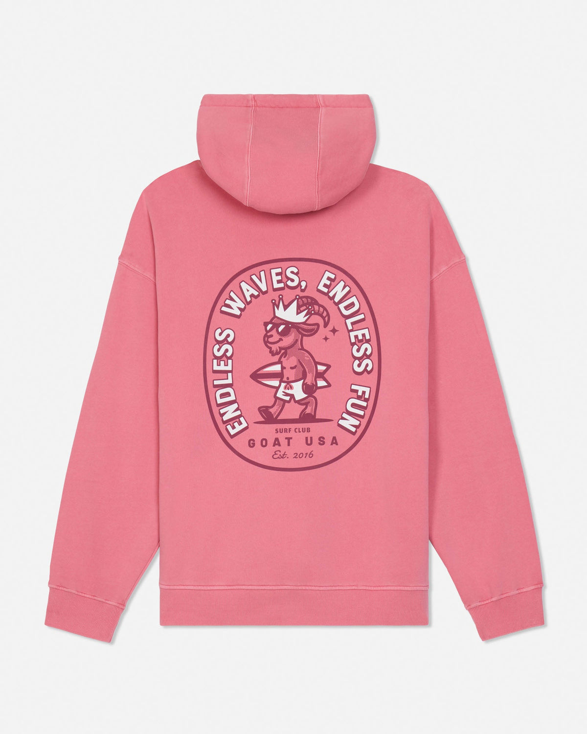 Salmon-colored hoodie with a graphic design on the back against a white background