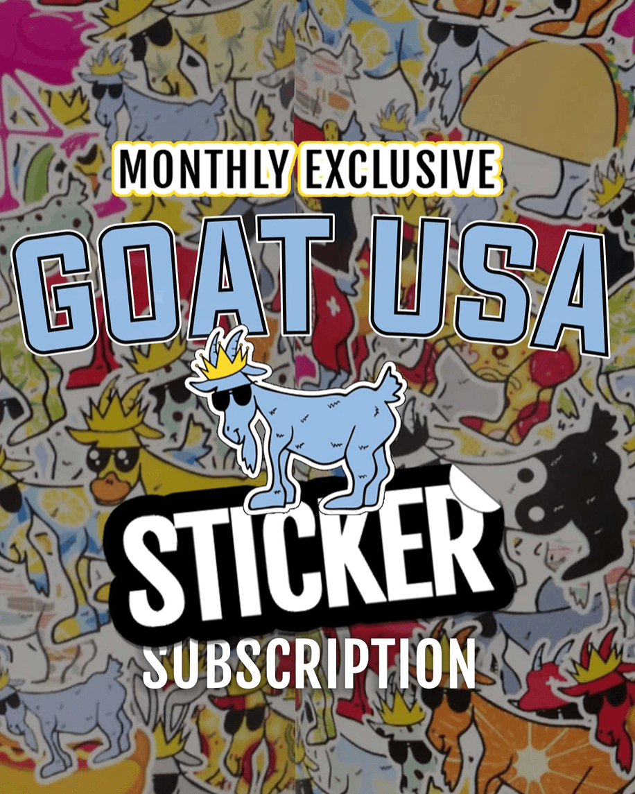 Goat sticker collage background with text that says "Monthly Exclusive GOAT USA Sticker Subscription"