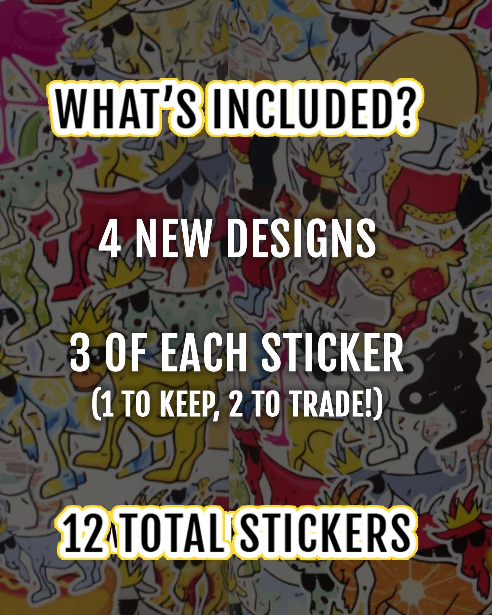 Sticker collection with text overlay about included designs and quantity