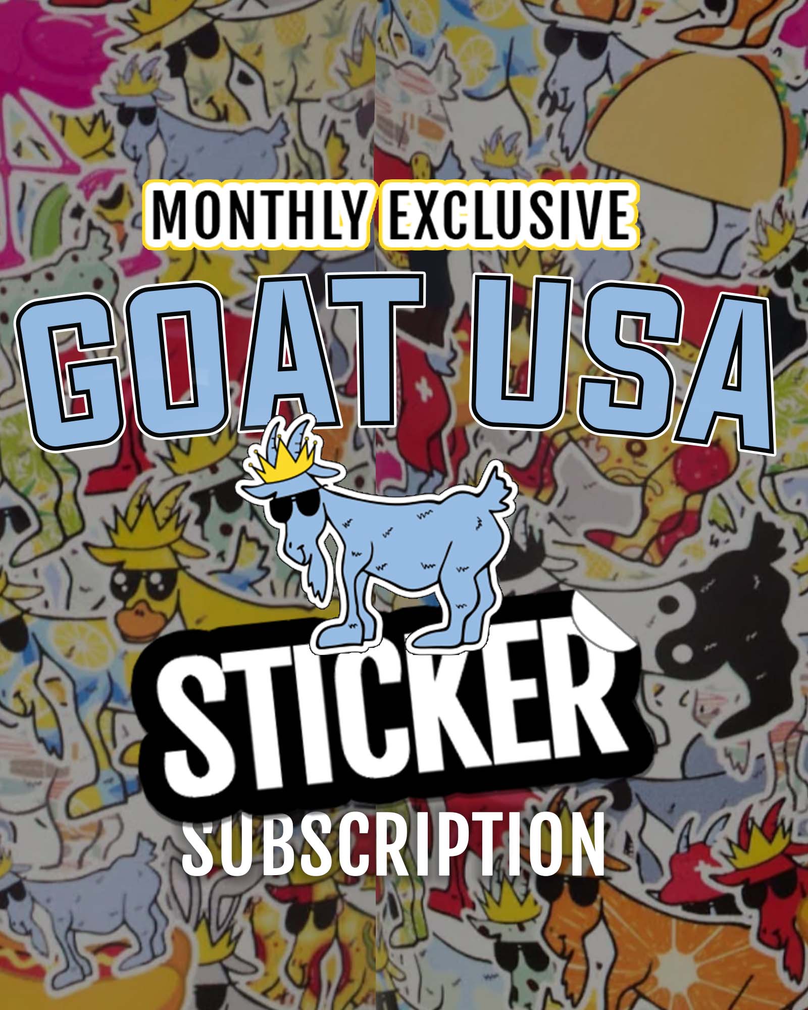 Promotional graphic for a Goat USA sticker subscription with colorful background