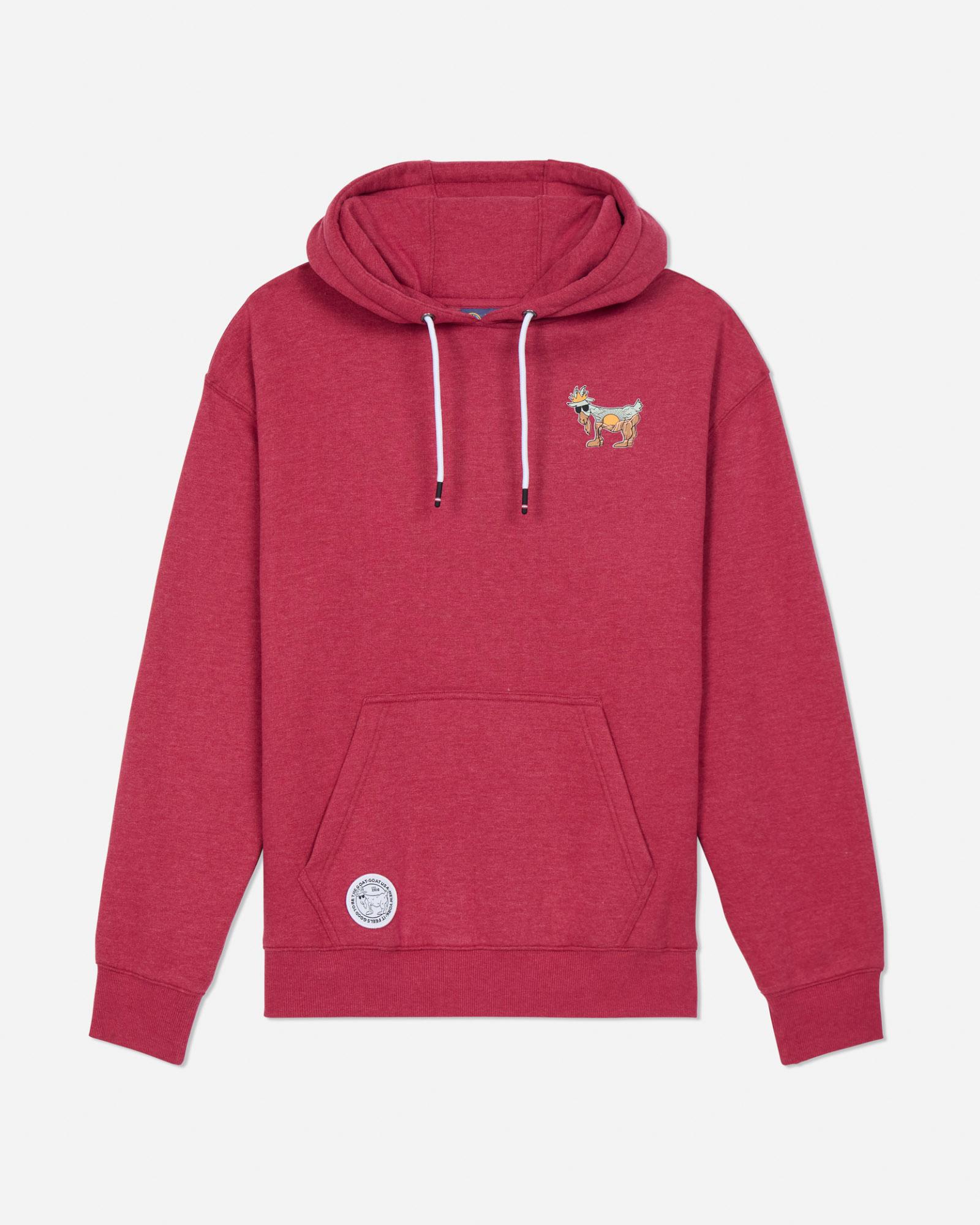 Red hoodie with a small embroidered design on a light gray background#color_cardinal