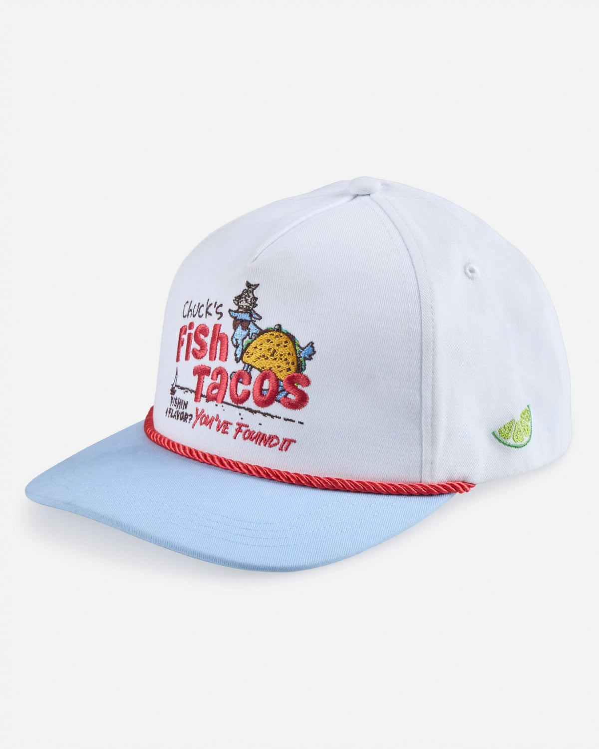 Light blue cap with colorful graphic and text on a white background