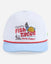 Light blue cap with colorful text and graphics on a white background