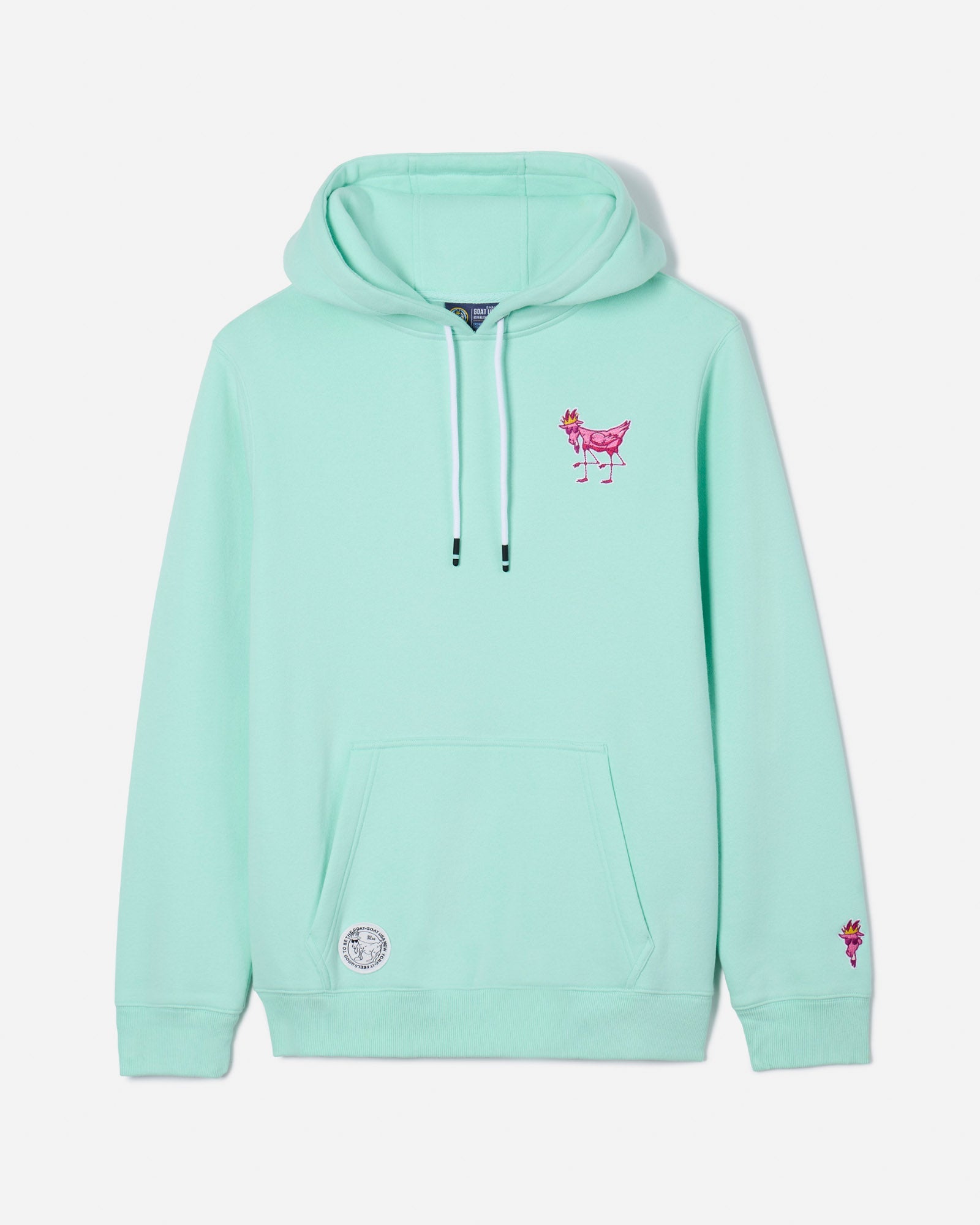 Front of mint-colored FlaminGOAT Hooded Sweatshirt with flamingo GOAT left-chest logo