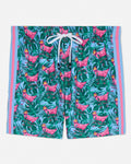 Tropical patterned shorts with pink flamingo design on a white background