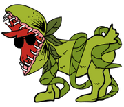 A green cartoon fly trap, with a large red mouth and sharp teeth showing behind it, on a plain white background.