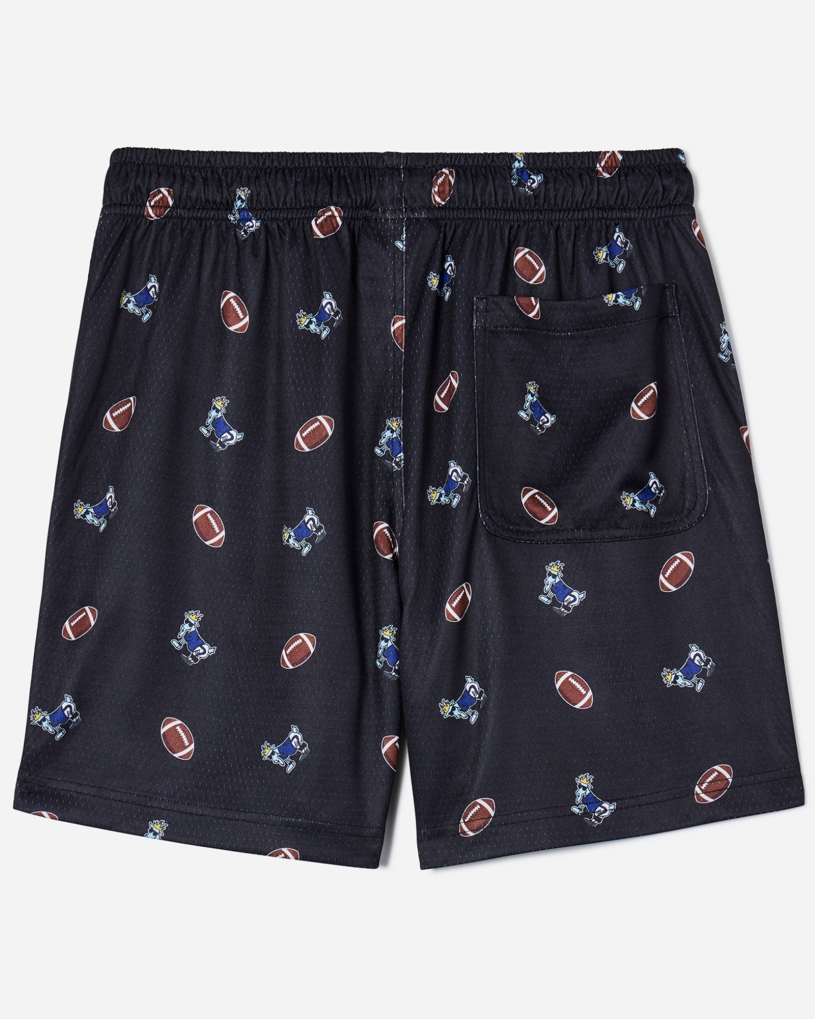 Back of black mesh shorts with football goat print