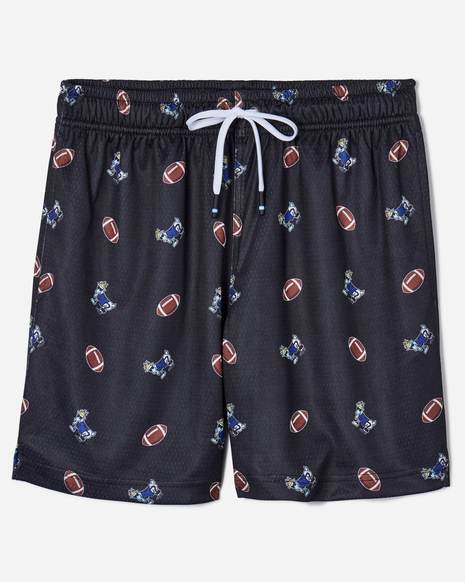 Front of black mesh shorts with football goat print