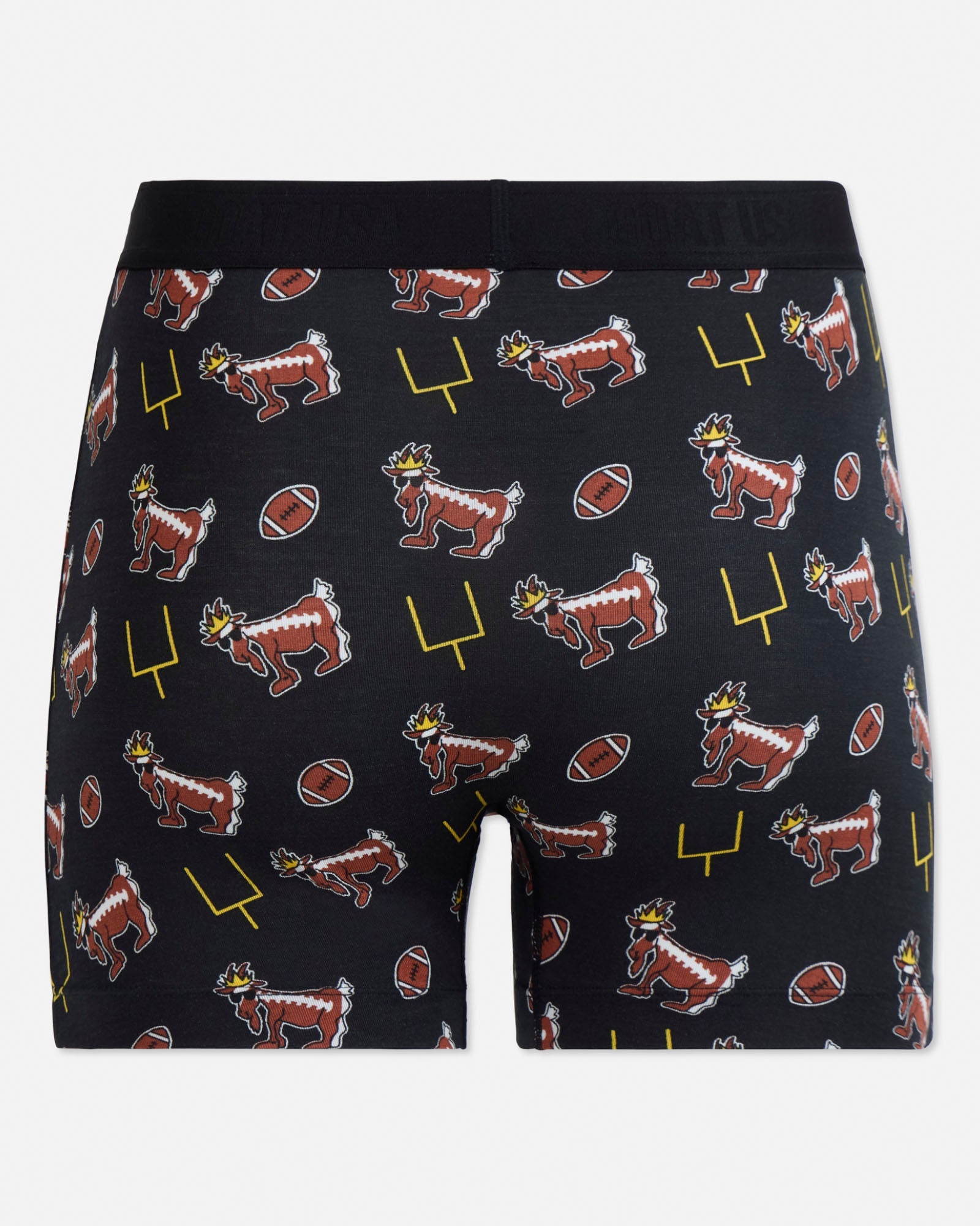 Black boxer briefs with sports-themed pattern on a light gray background