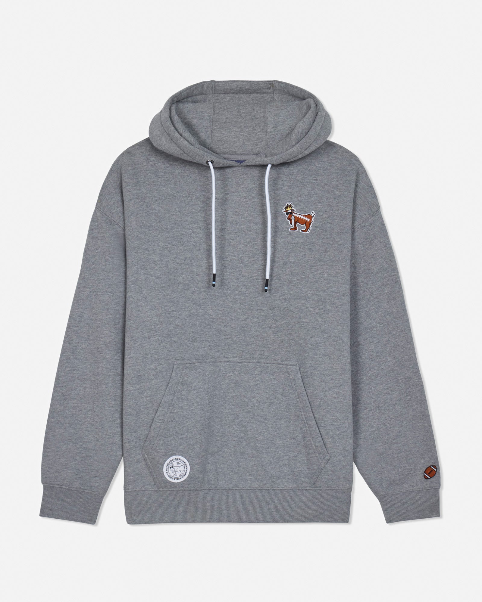 Front of gray hoodie with football goat left-chest logo
