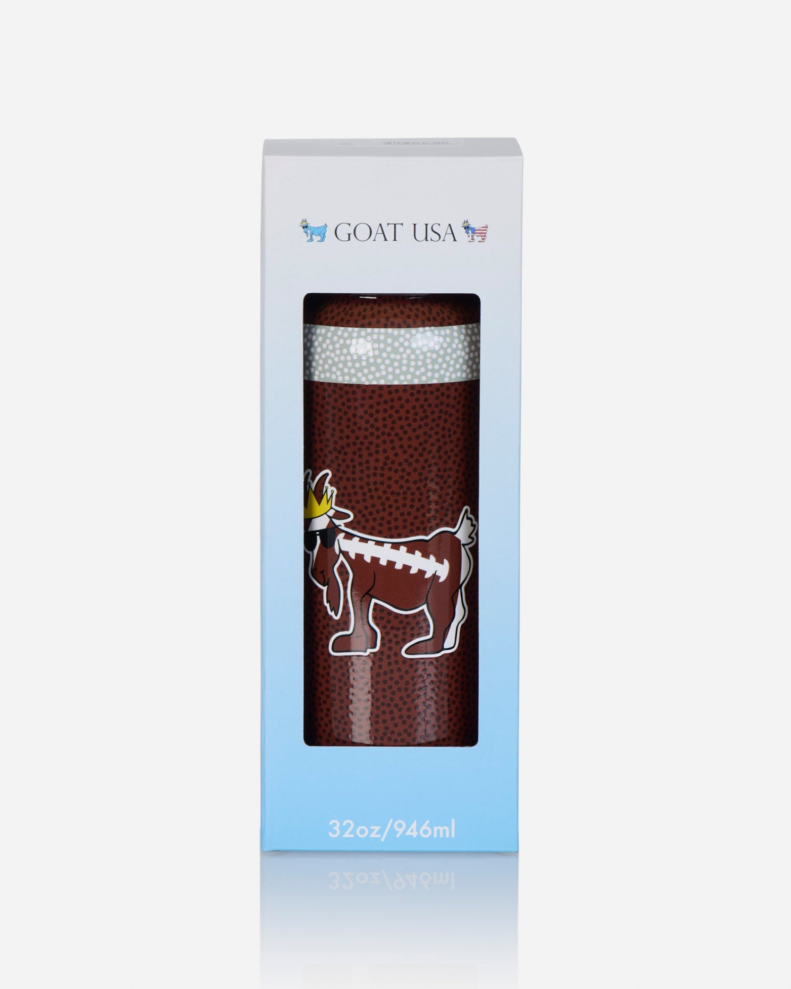 Water bottle with football goat and football pattern in white and blue packaging