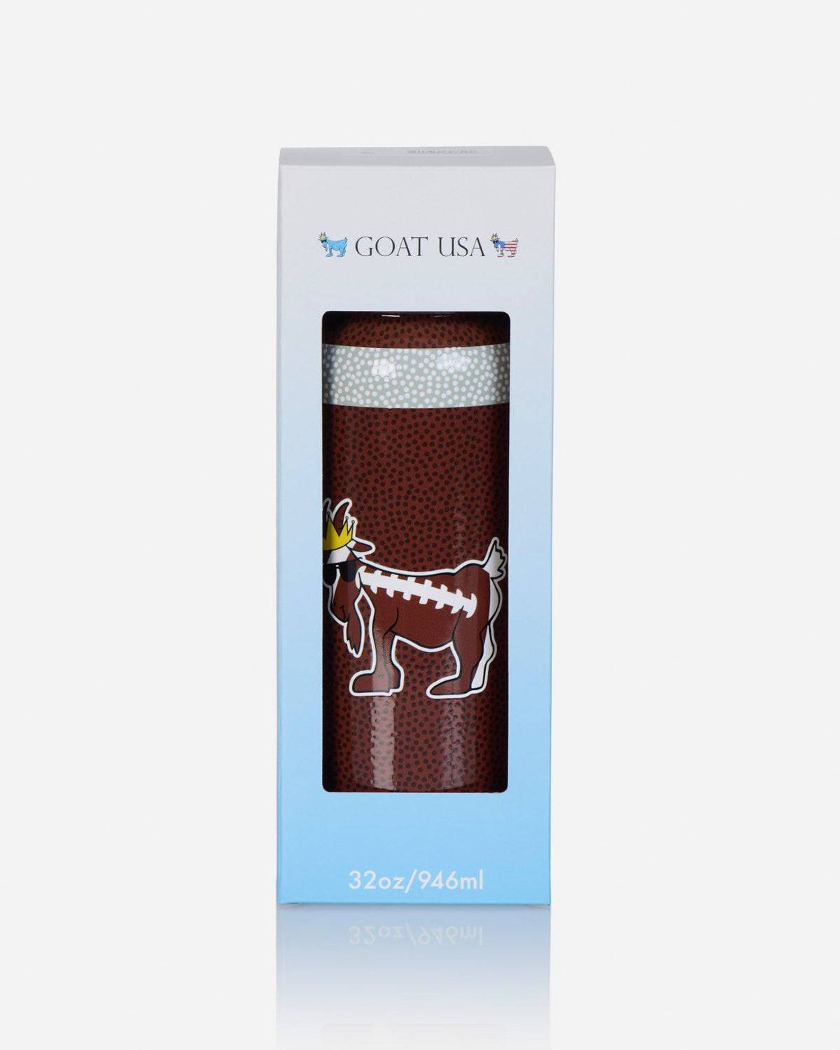 Water bottle with football goat and football pattern in white and blue packaging