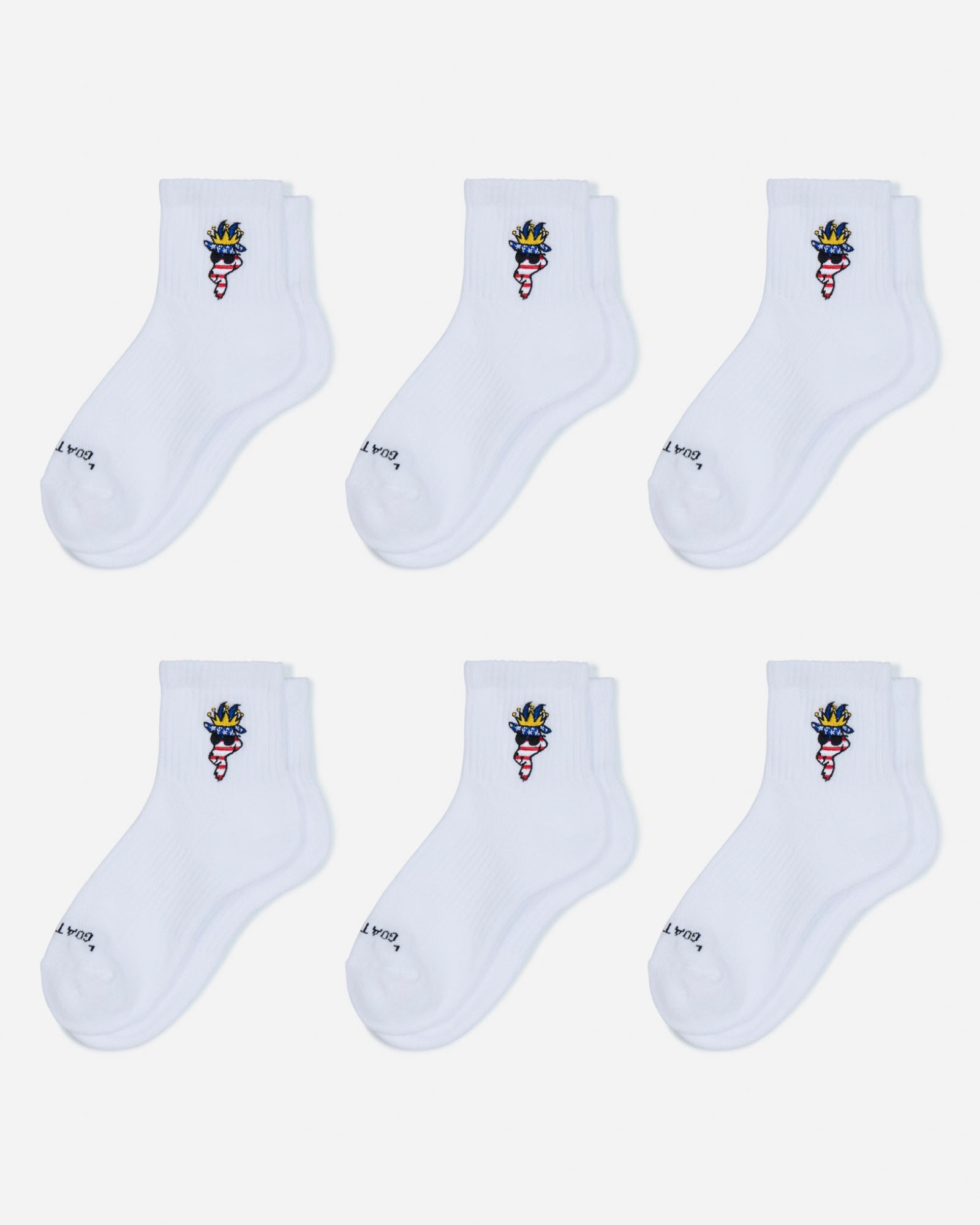 Set of six white socks with a colorful logo on a light gray background