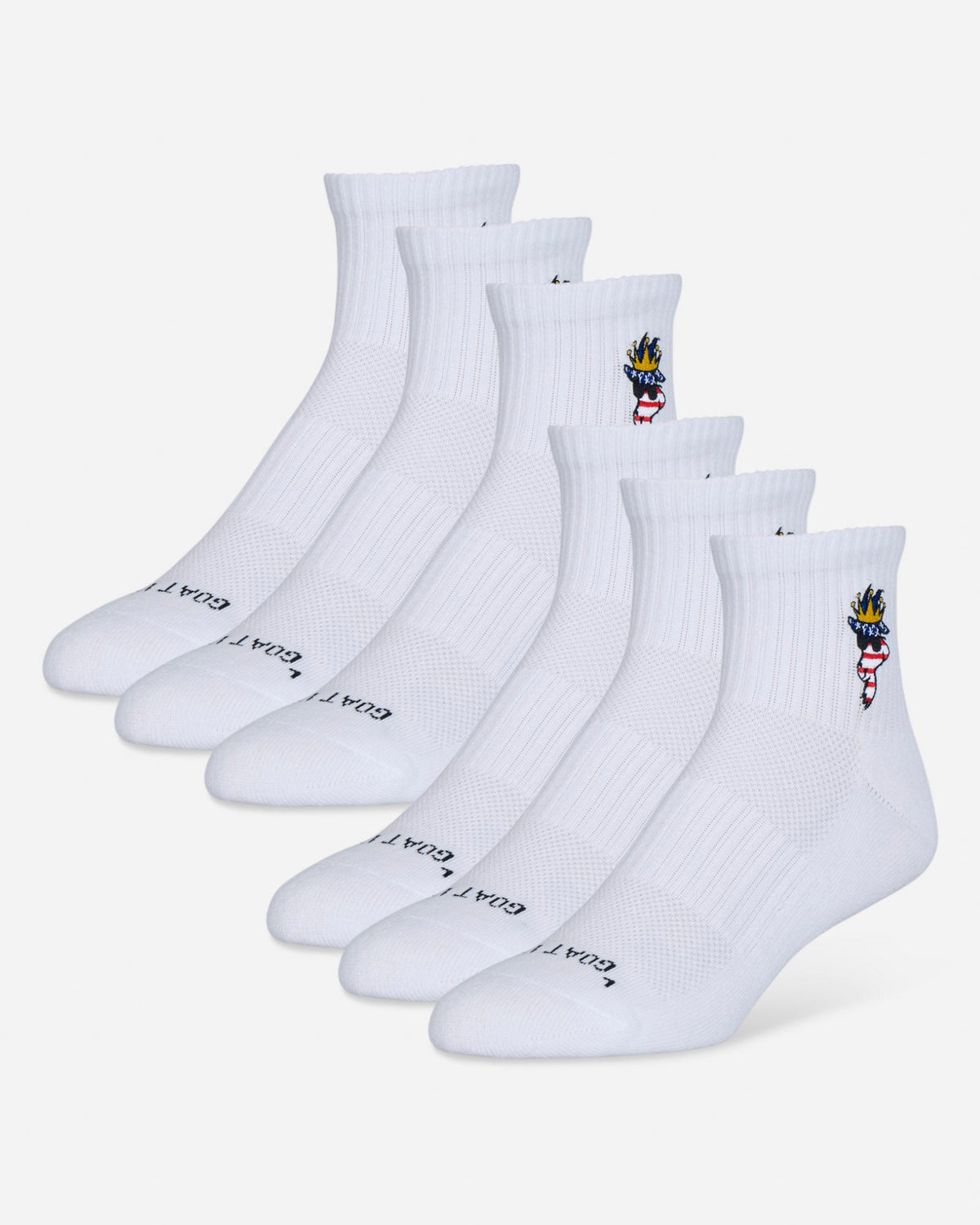 Set of white socks with brand logos on a light gray background