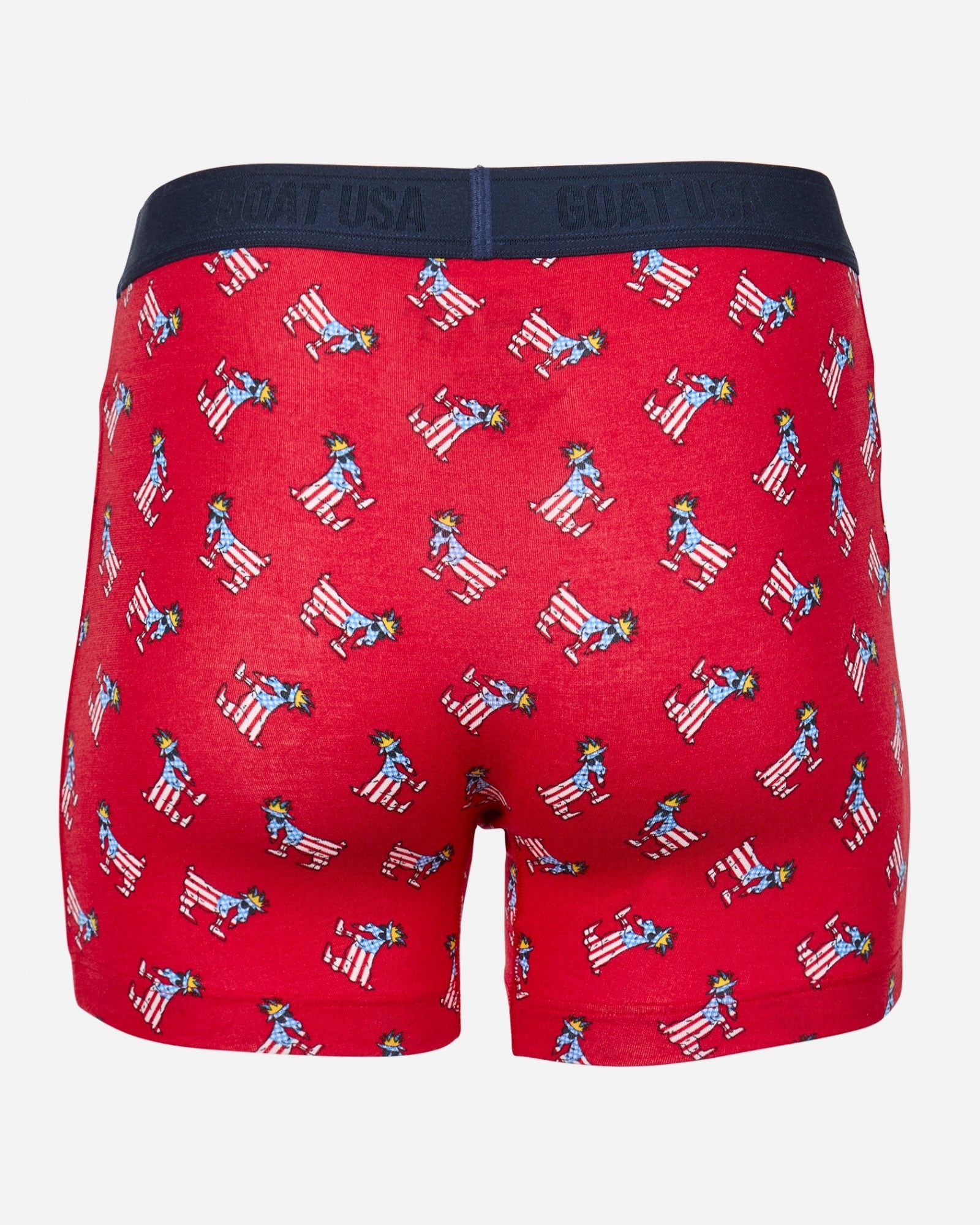 Back of red boxer briefs with freedom goat all-over print