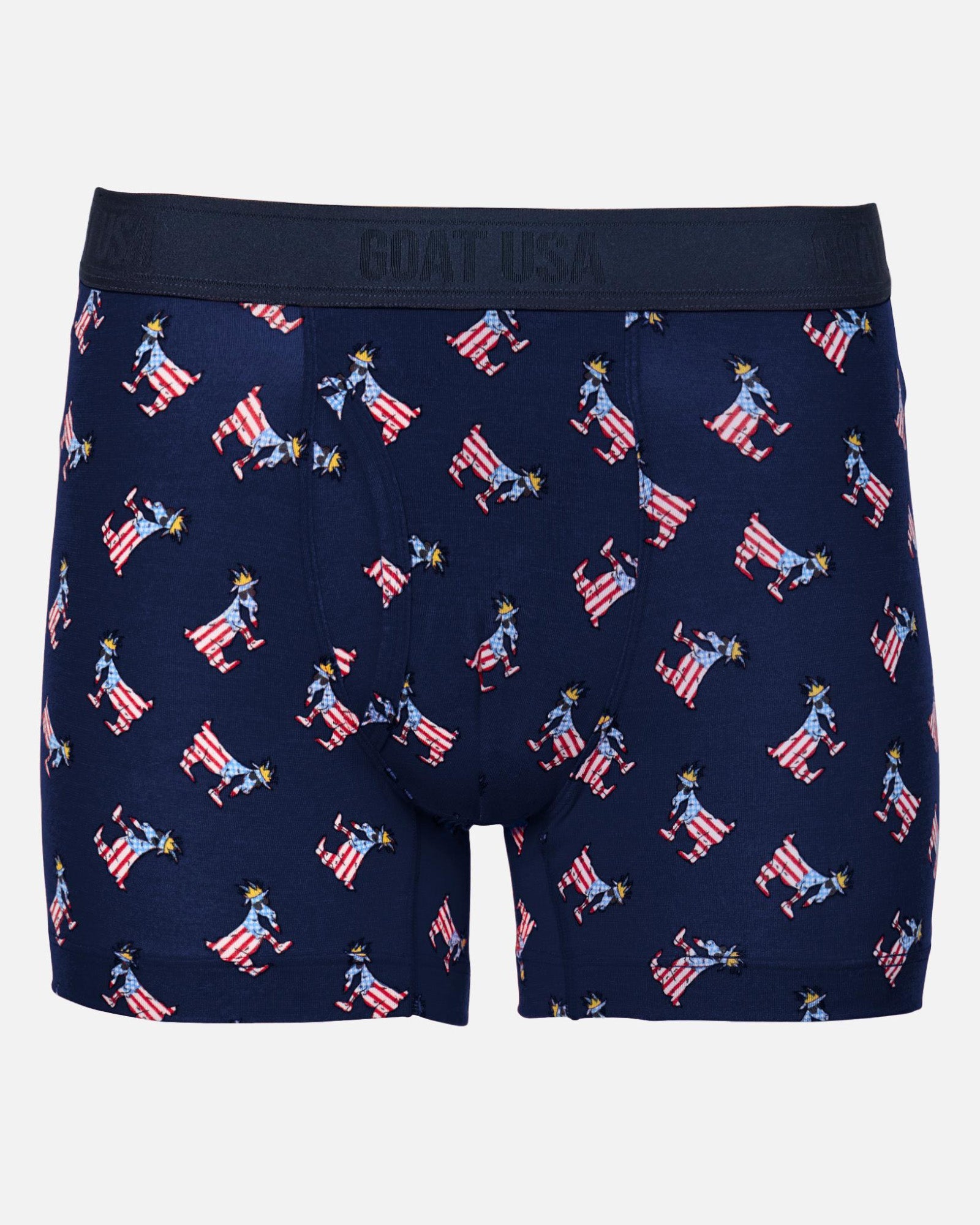 Navy boxer briefs with American flag goat pattern on a light gray background