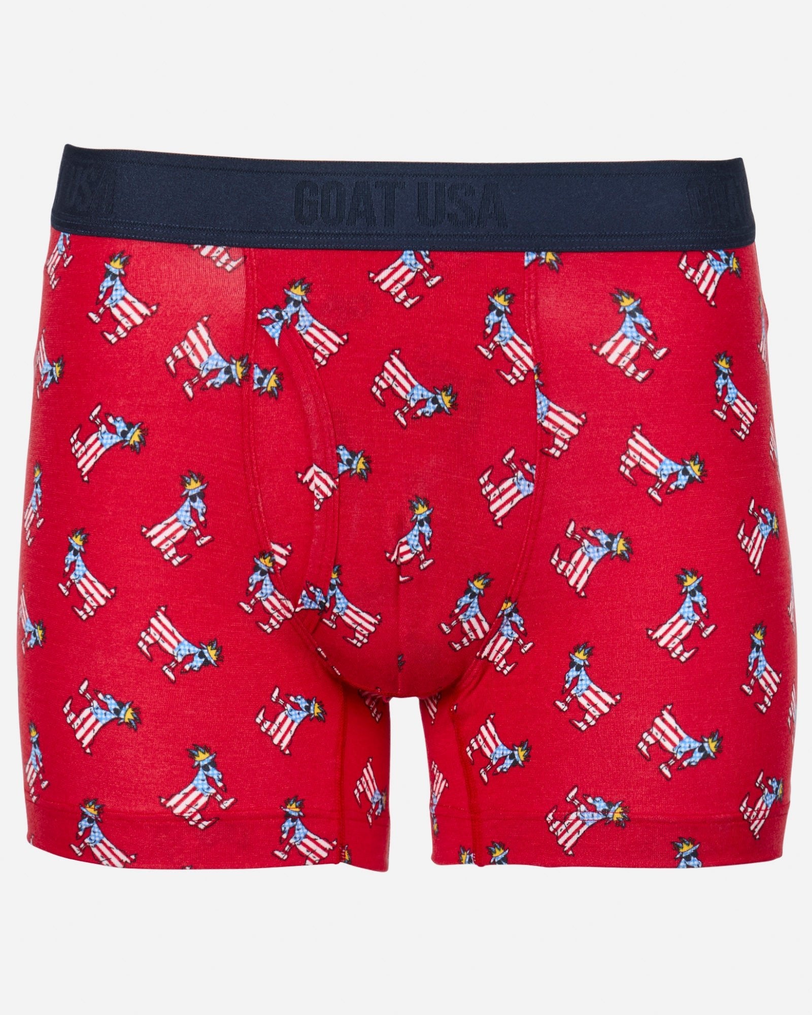 Front of red boxer briefs with freedom goat all-over print