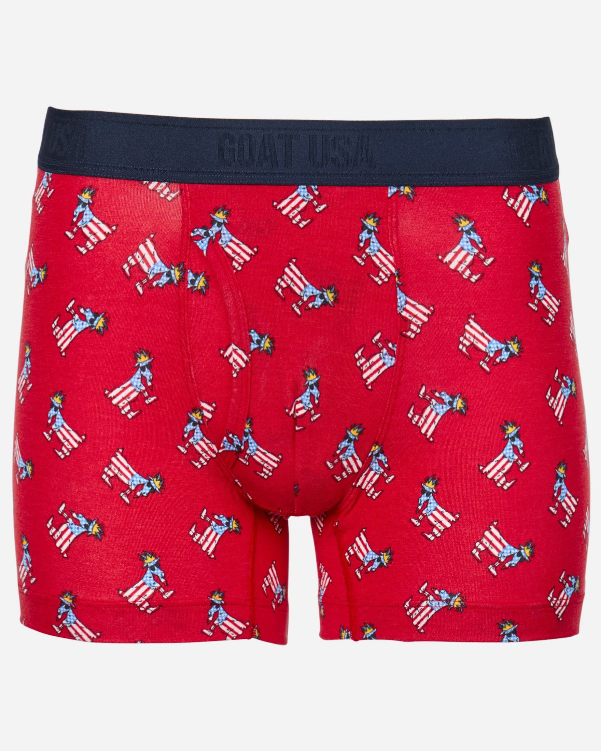 Front of red boxer briefs with freedom goat all-over print