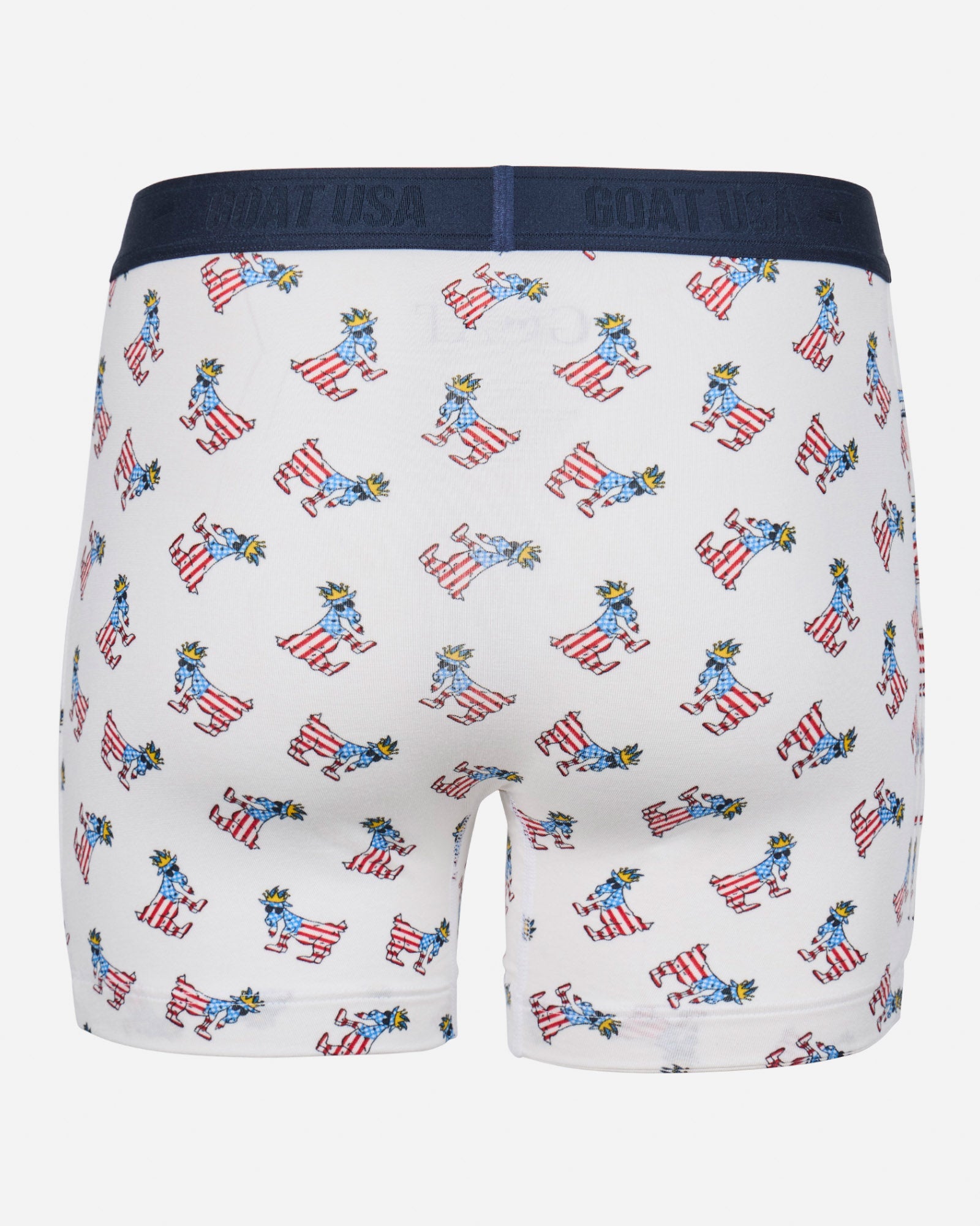 Back of white boxer briefs with freedom goat all-over print