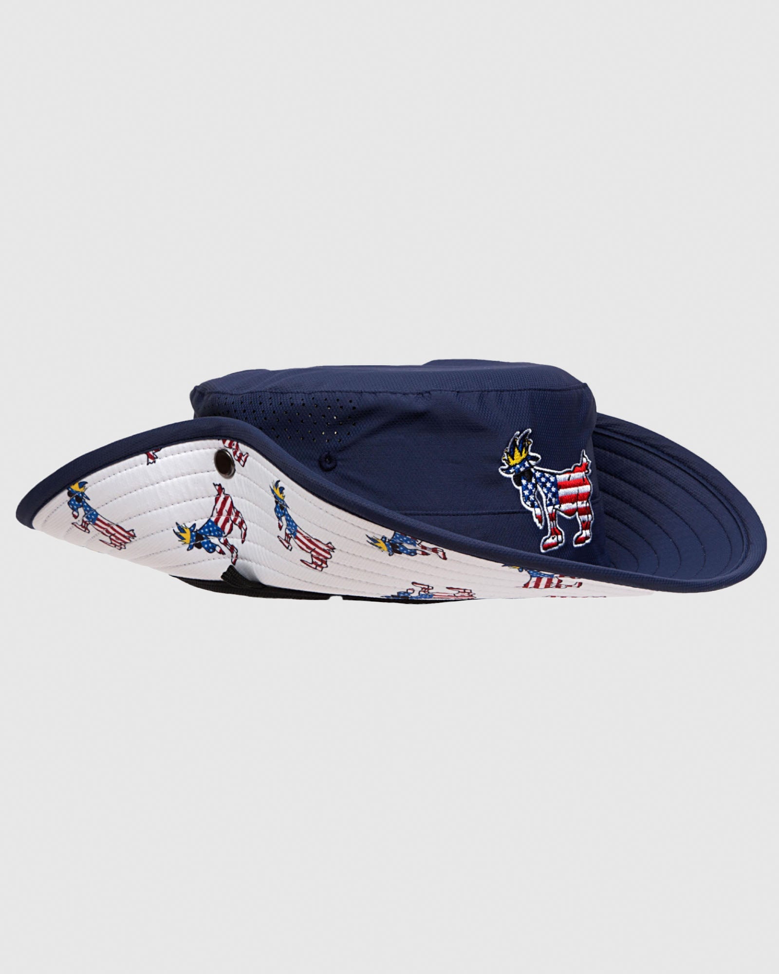 Side of navy Freedom Bucket Hat with flaps up#color_navy