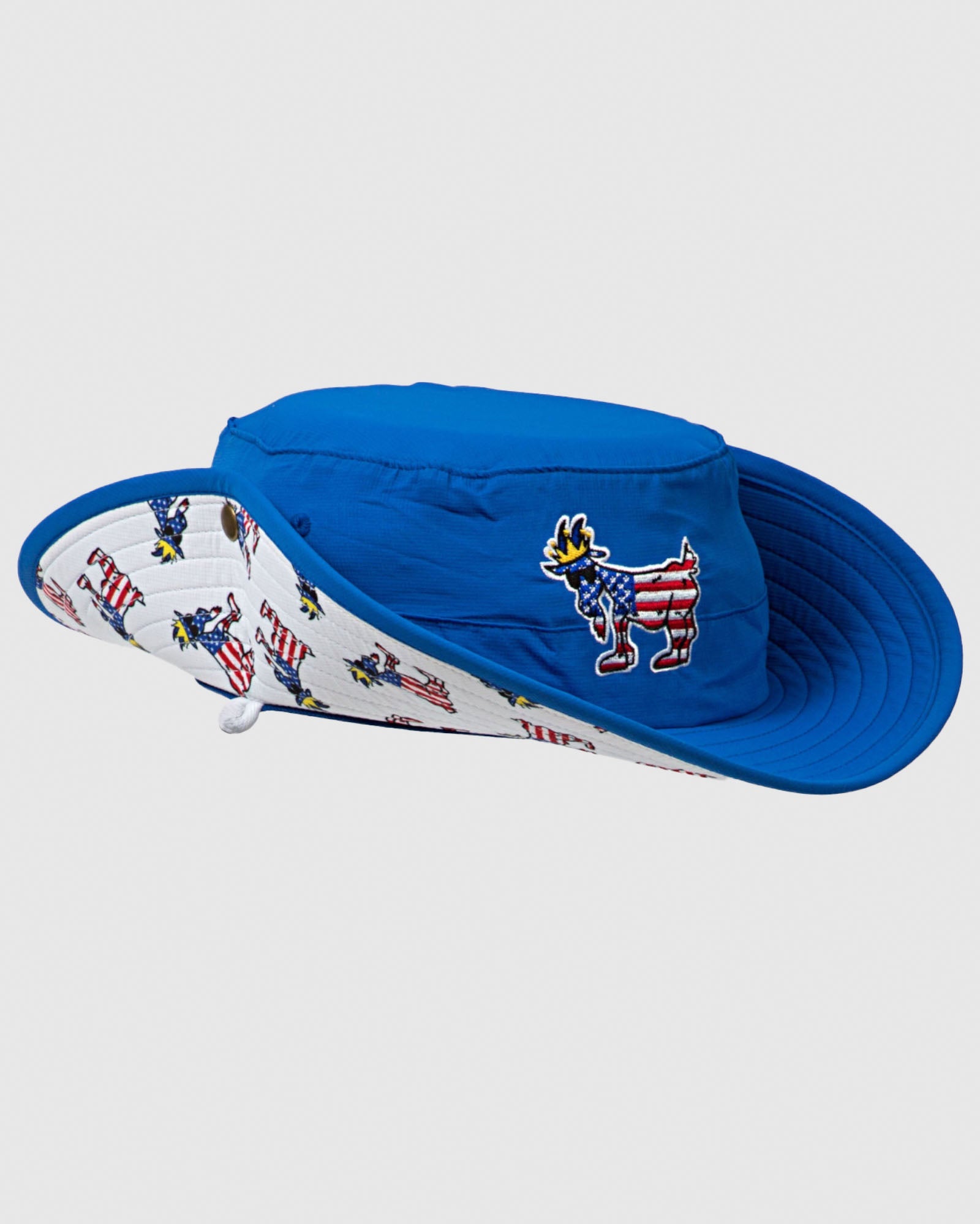 Side of royal Freedom Bucket Hat with flaps up#color_royal
