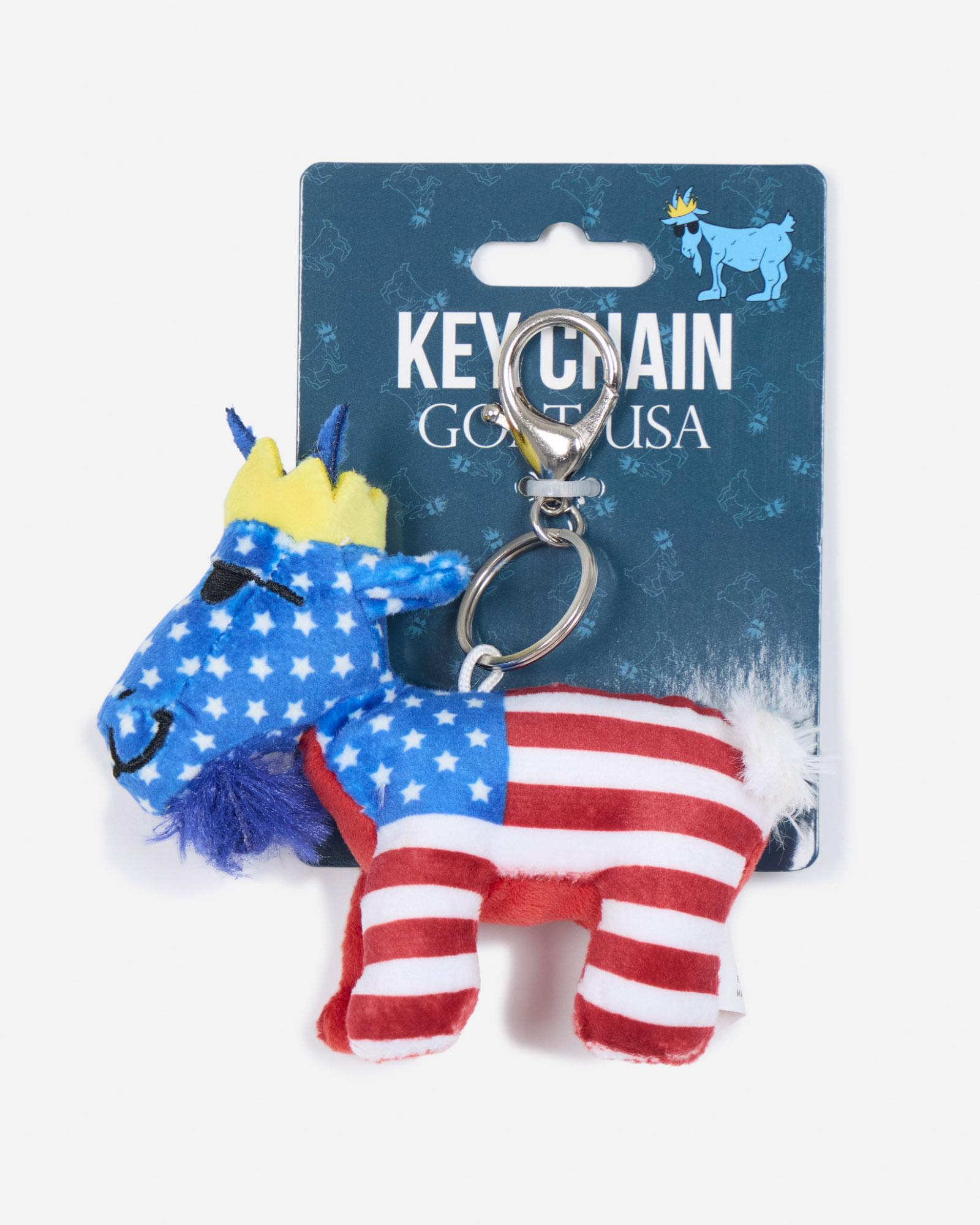 Keychain with American flag design on a blue card
