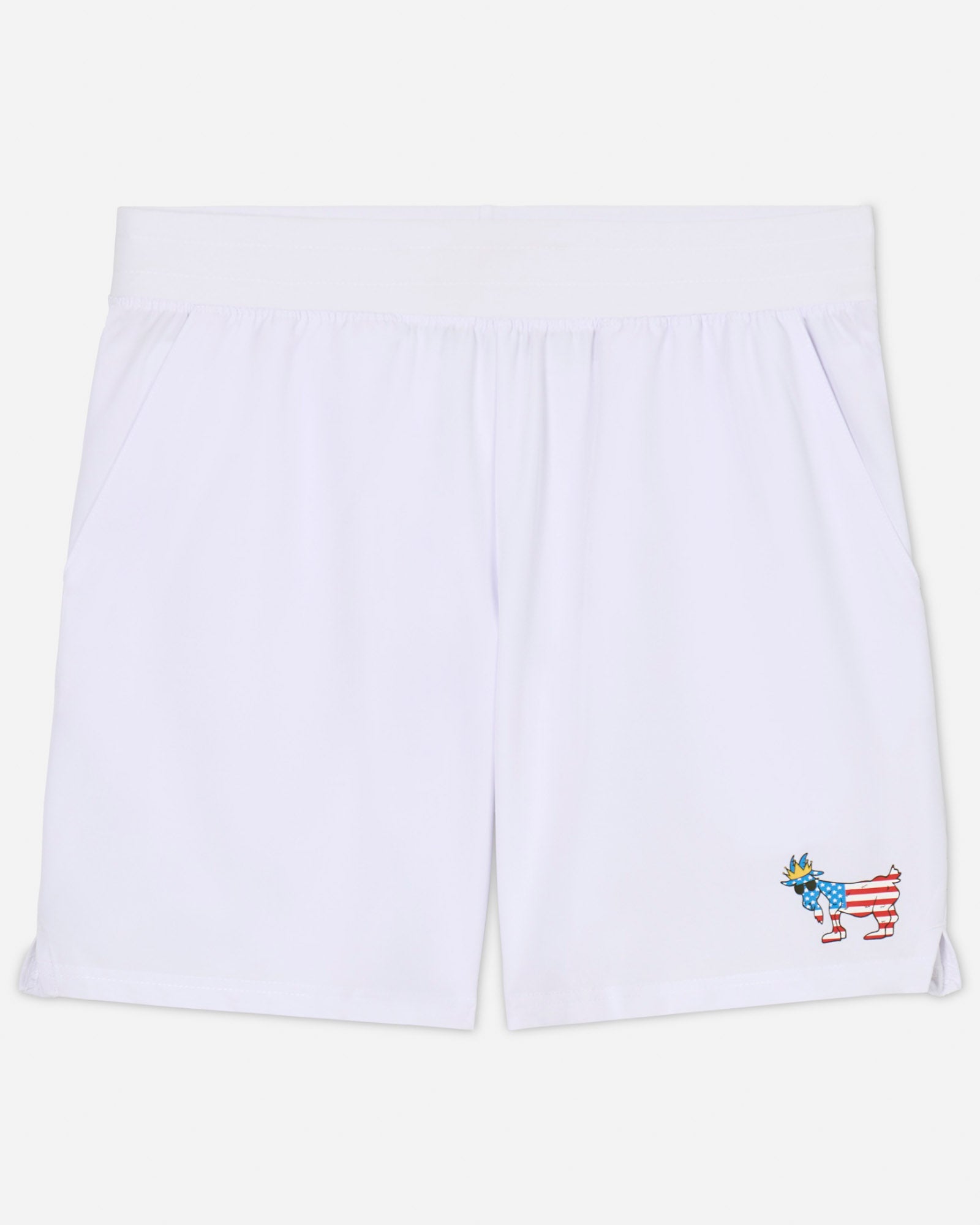 White athletic shorts with freedom goat logo#color_white