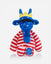 Blue plush toy with a yellow crown, red and white striped, and star pattern on a white background