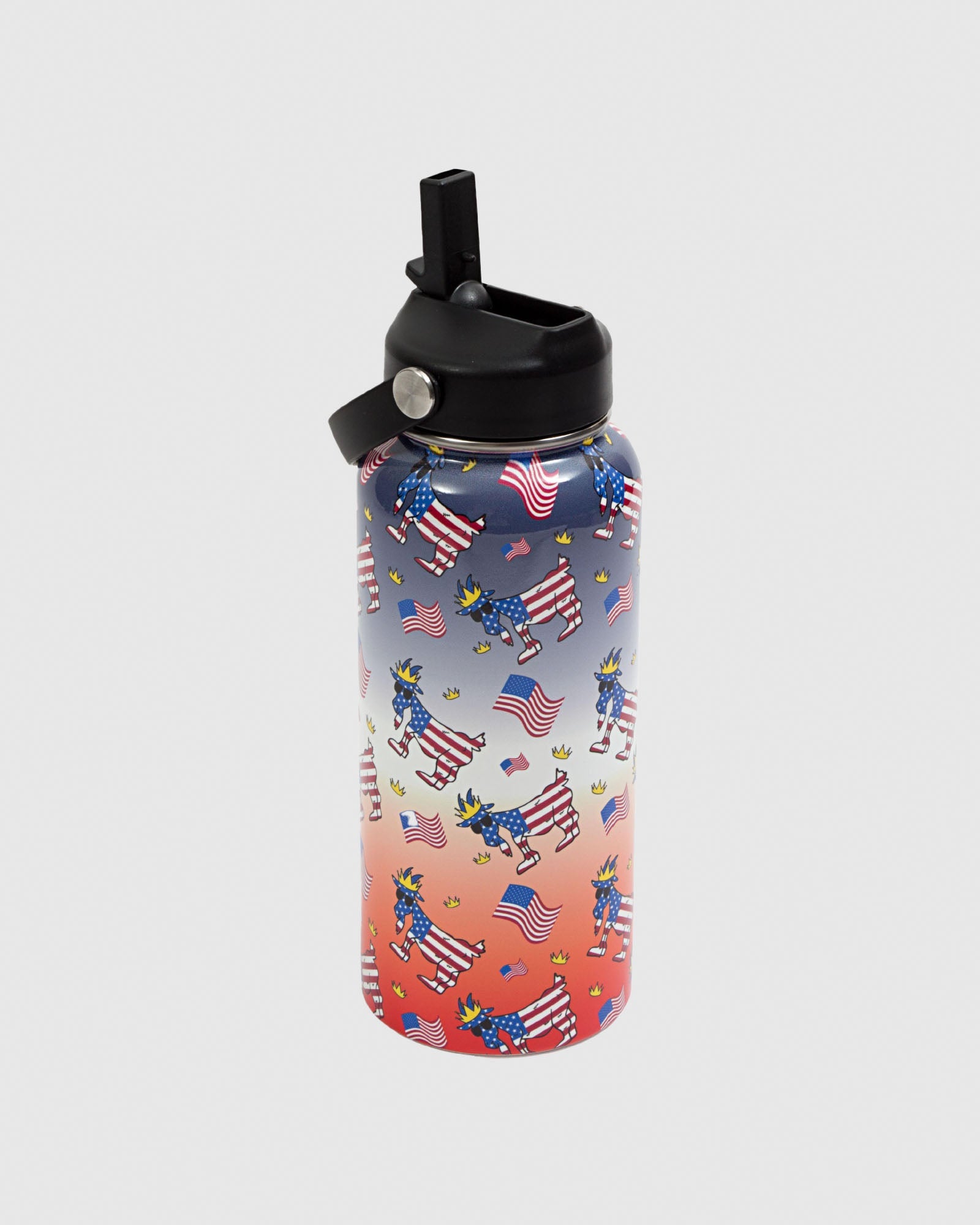 Water bottle with American flags and goats with straw flipped up