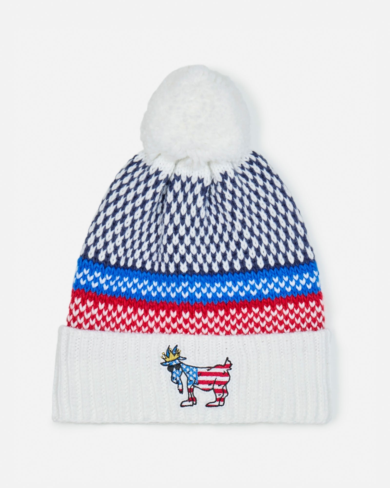 Knitted beanie with a colorful pattern and embroidered design on a white background