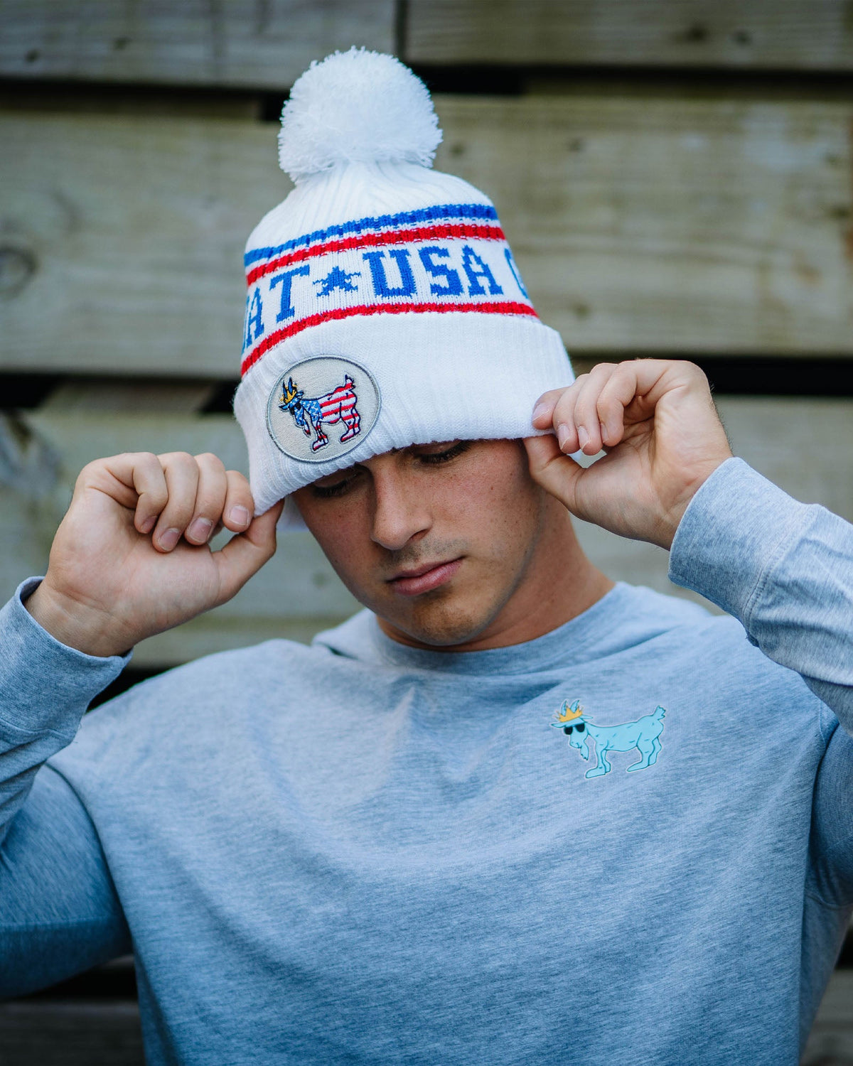 Model wearing white Freedom Winter Hat