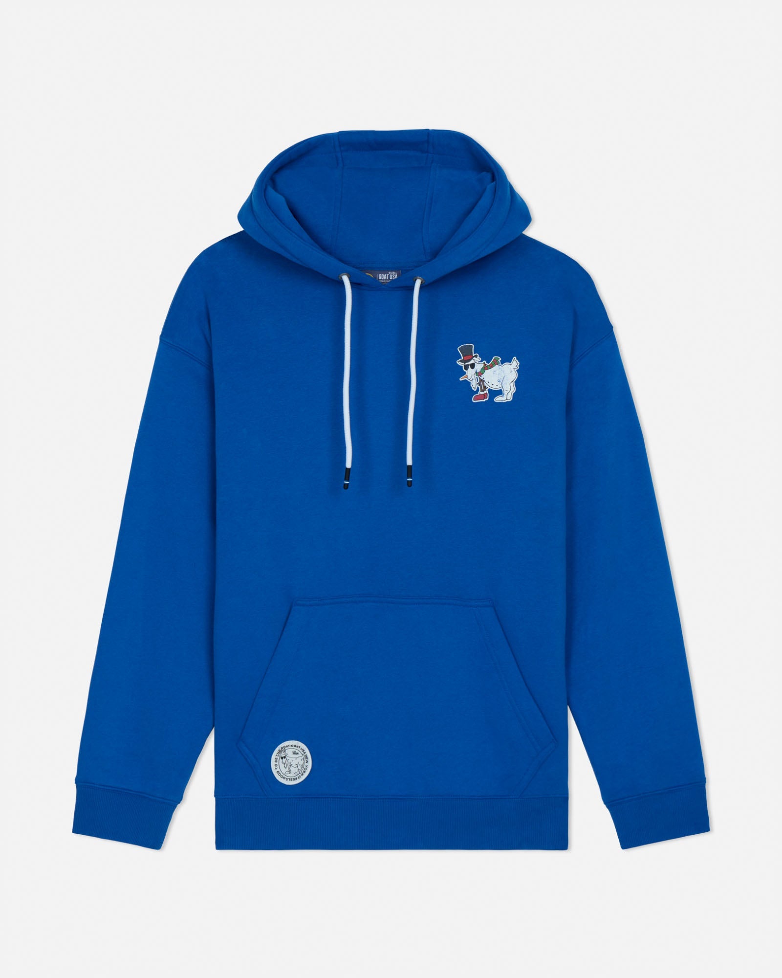 Blue hoodie with a small graphic on the chest against a light gray background