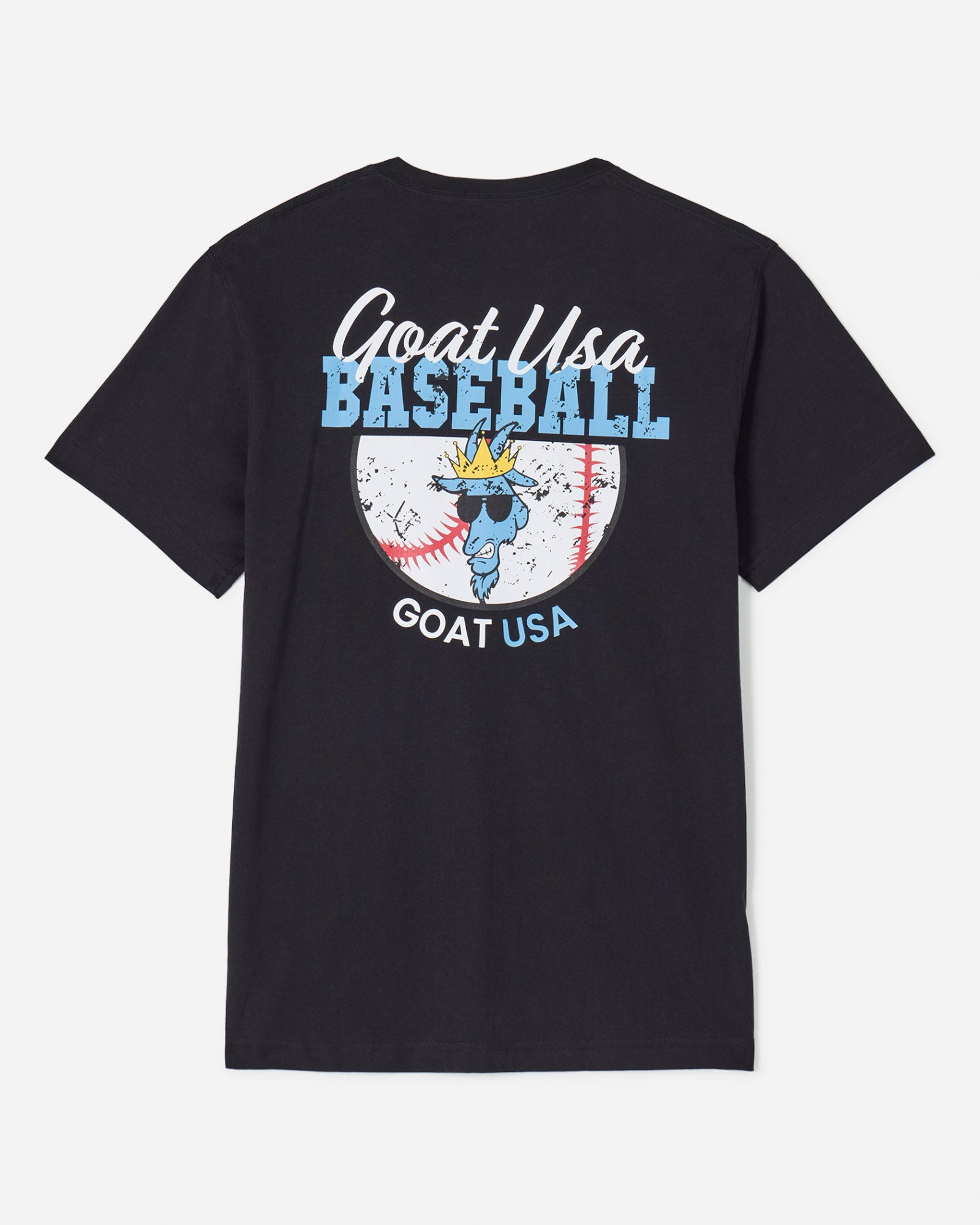 Back of black t-shirt with baseball goat design