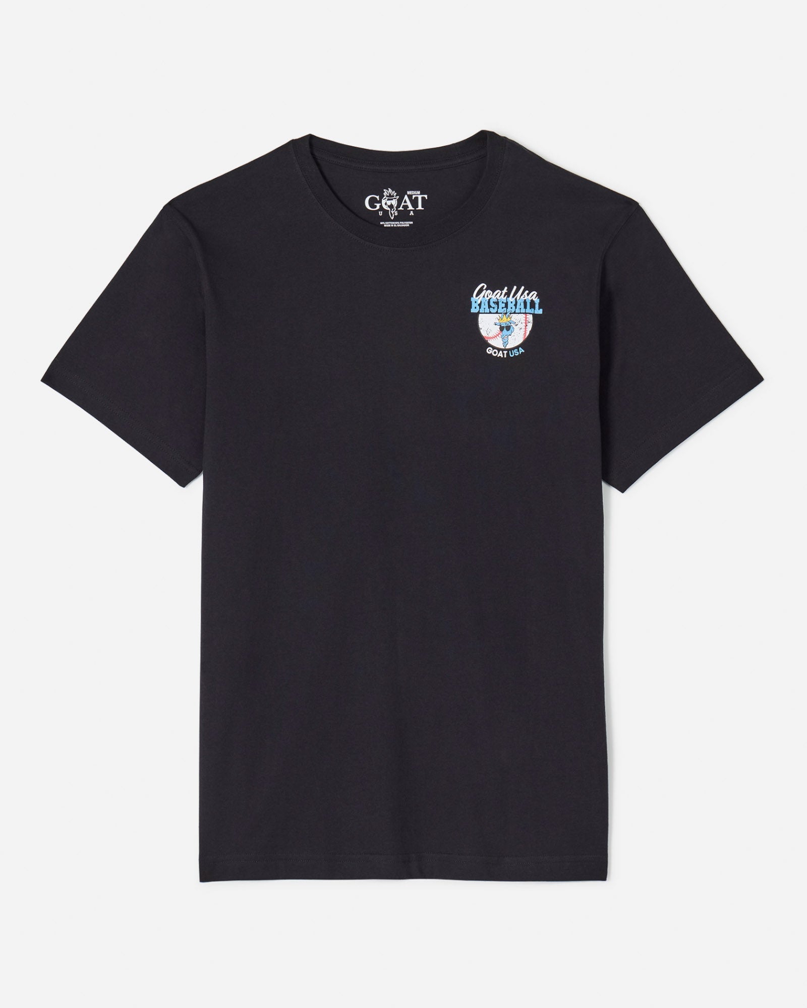 Front of black t-shirt with baseball goat design