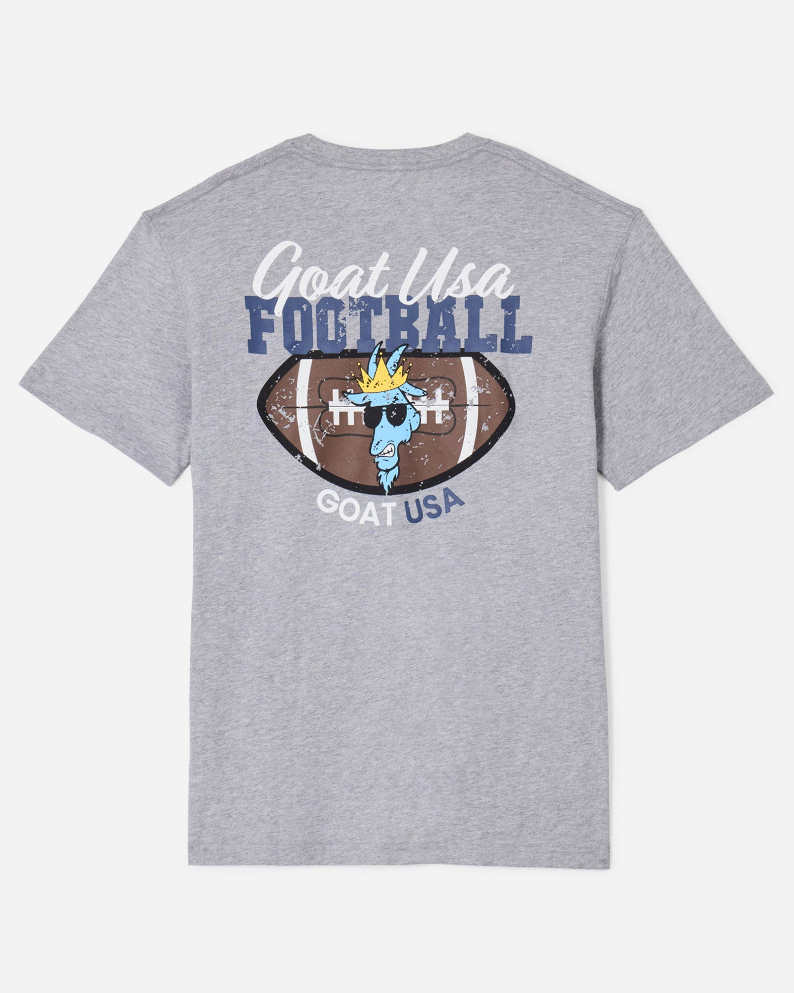 Back of gray t-shirt with football and goat-head graphic