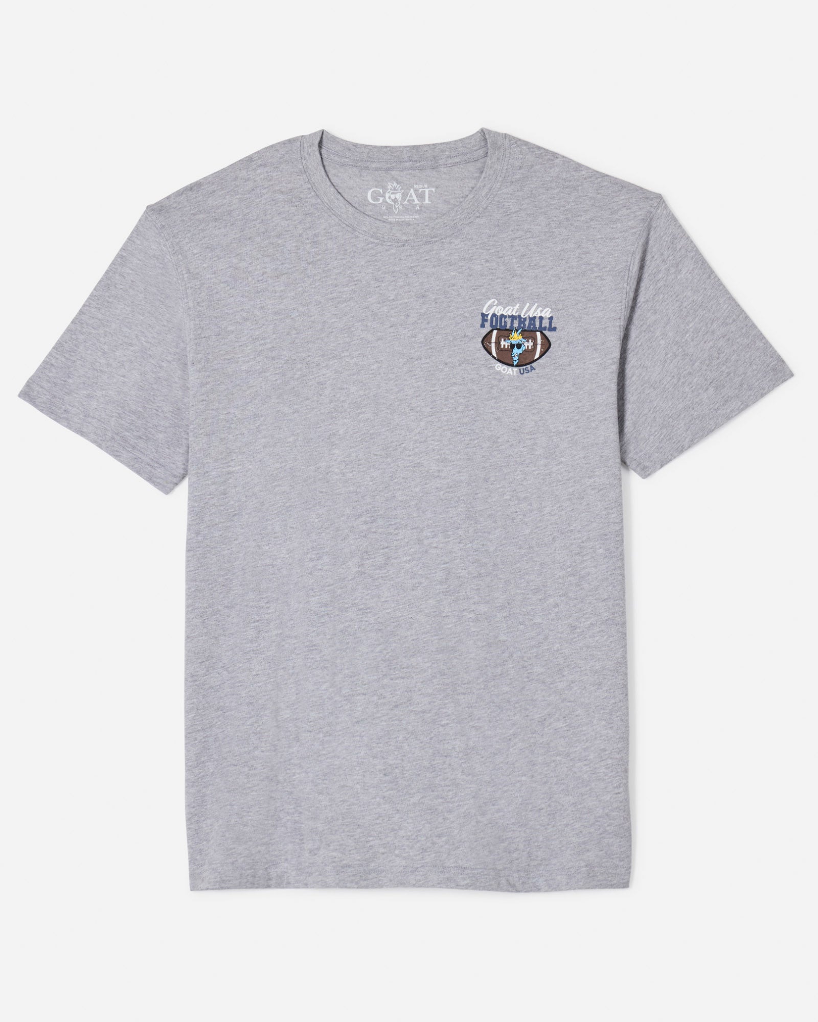 Front of gray t-shirt with football and goat-head left-chest logo
