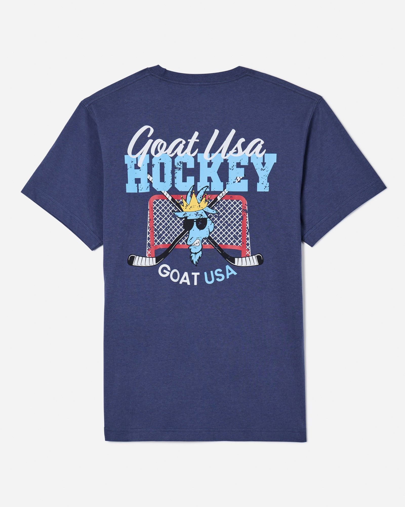 Back of navy t-shirt with snarling goat head and hockey design