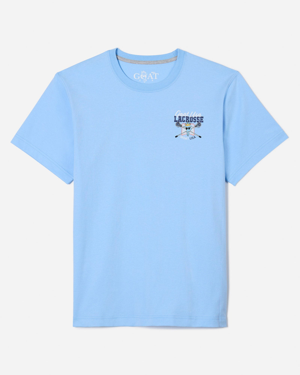 Front of blue t-shirt with snarling goat head and lacrosse design left-chest logo