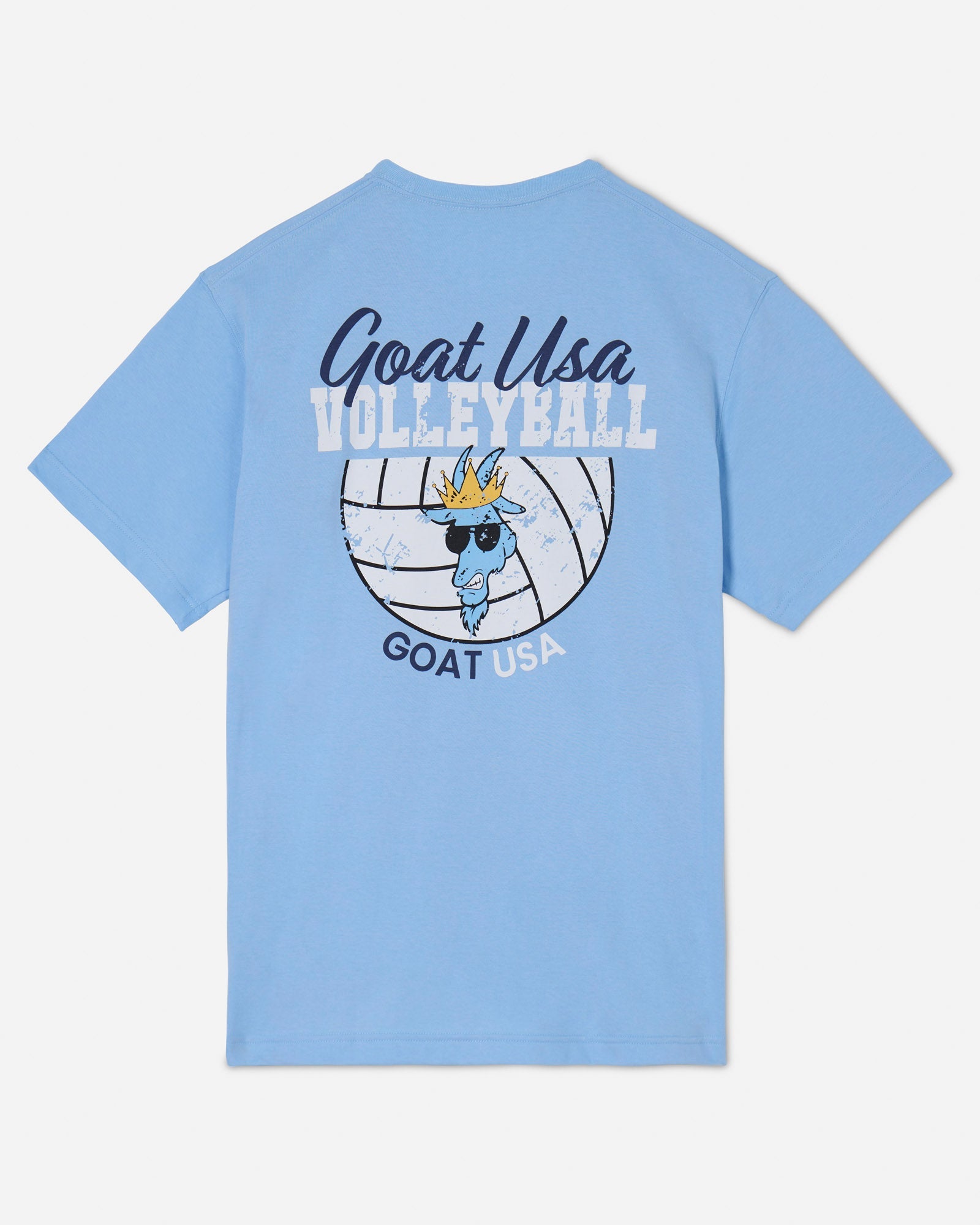Back of carolina blue t-shirt with snarling goat and volleyball graphic