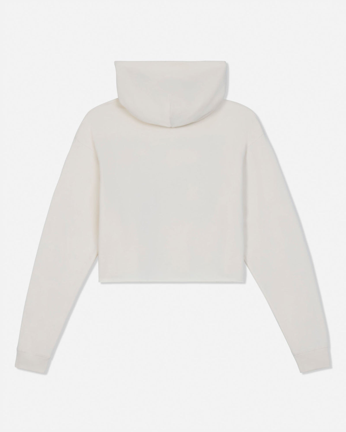 A cropped long-sleeve hoodie shown from the back, in a solid off-white color, displayed on a clean white background.