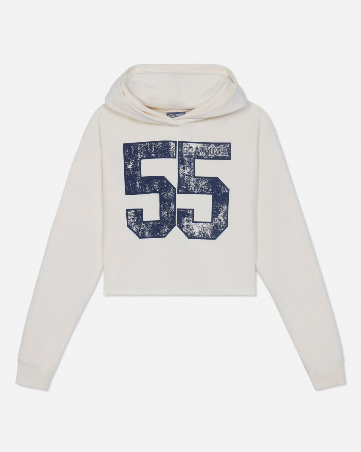 An off-white cropped hoodie with a large distressed navy blue '55' graphic on the front, displayed against a light gray background.