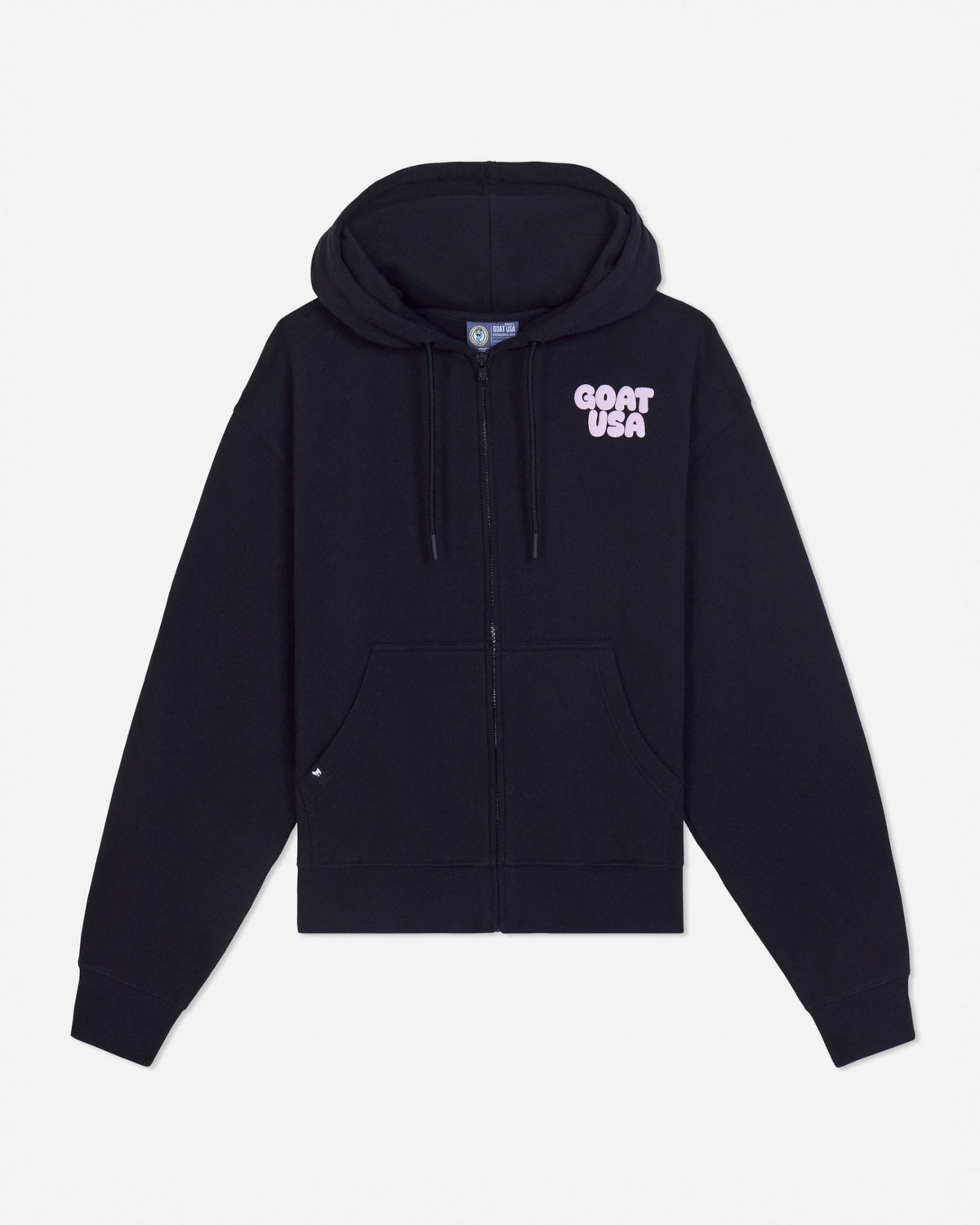 Front of black full-zip hoodie with pink 'GOAT USA' left-chest logo