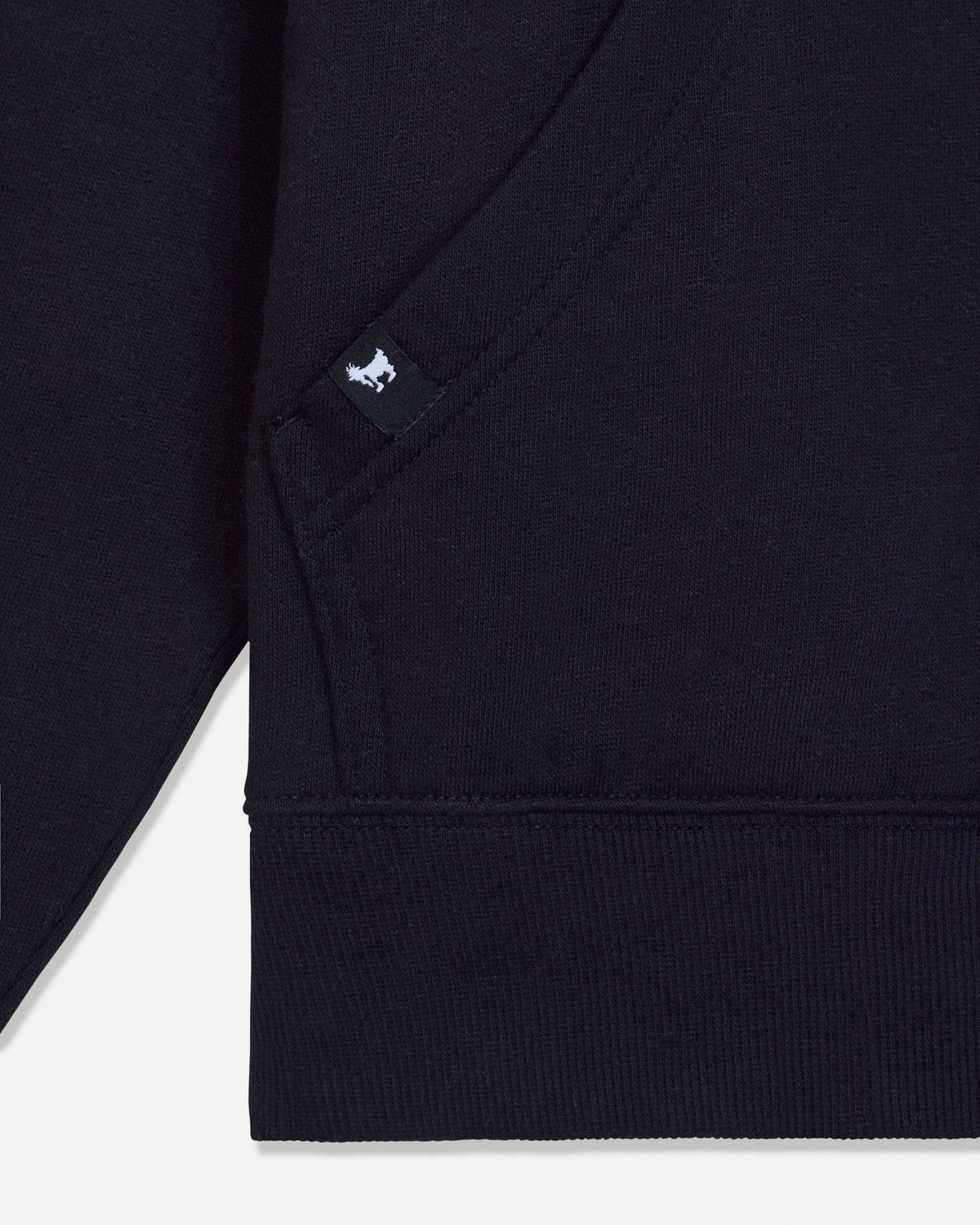 Close-up of black hoodie seam and pocket