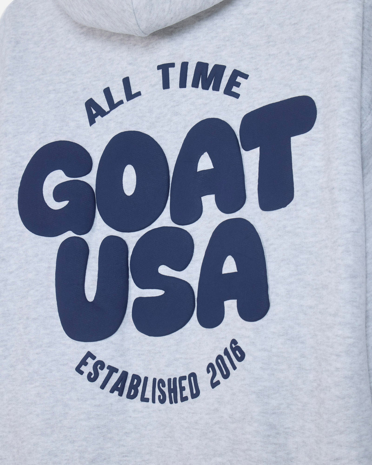 Close-up of back of gray hoodie with 'ALL TIME GOAT USA ESTABLISHED 2016' text