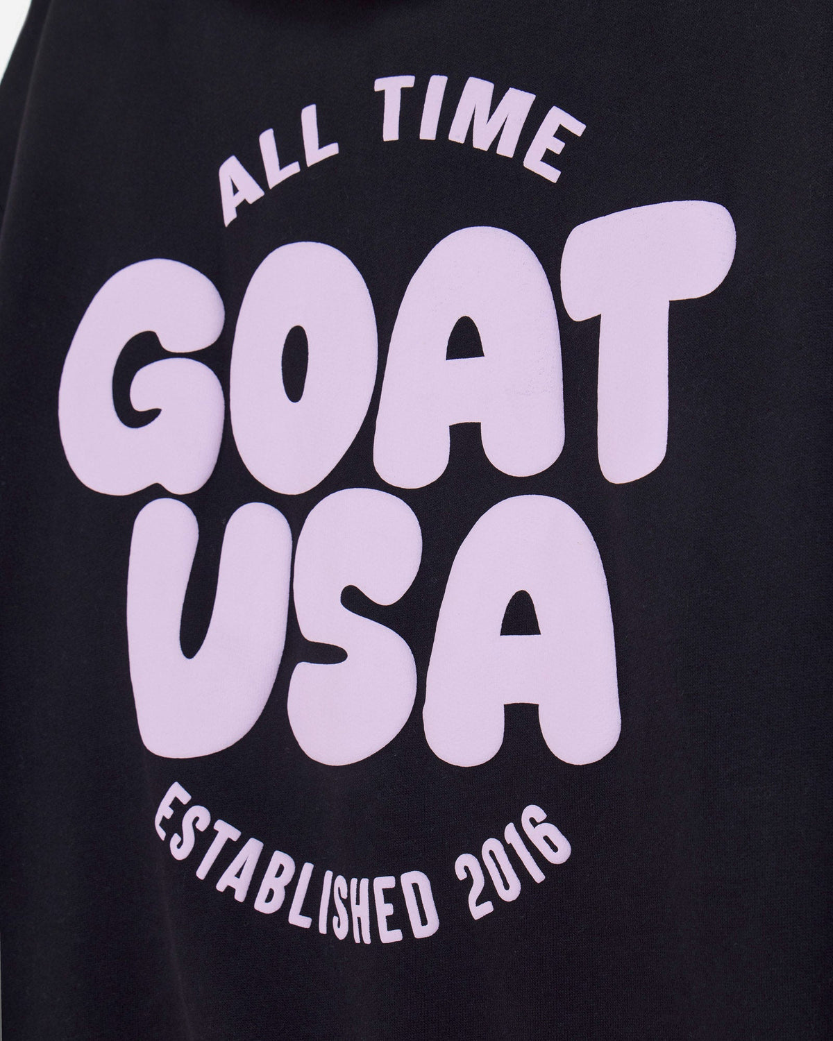 Close-up of back of black hoodie with 'ALL TIME GOAT USA ESTABLISHED 2016' text