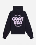 Back of black hoodie with 'ALL TIME GOAT USA ESTABLISHED 2016' text